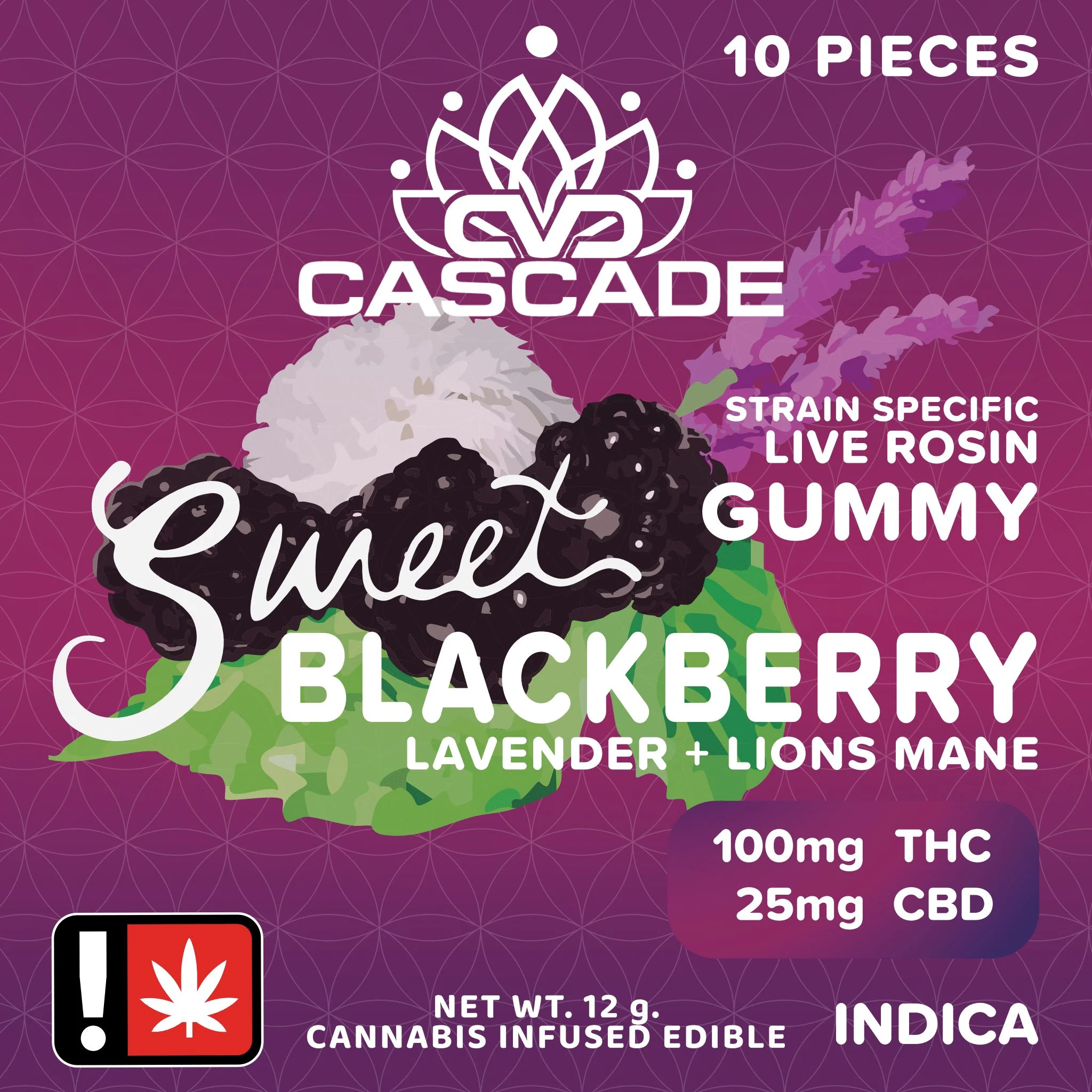 Sweet Blackberry Lavender and Lions Mane Strain Specific Live Rosin Indica 100 mg THC 25 mg CBD 10 mg THC per piece 10 pieces edible gummies