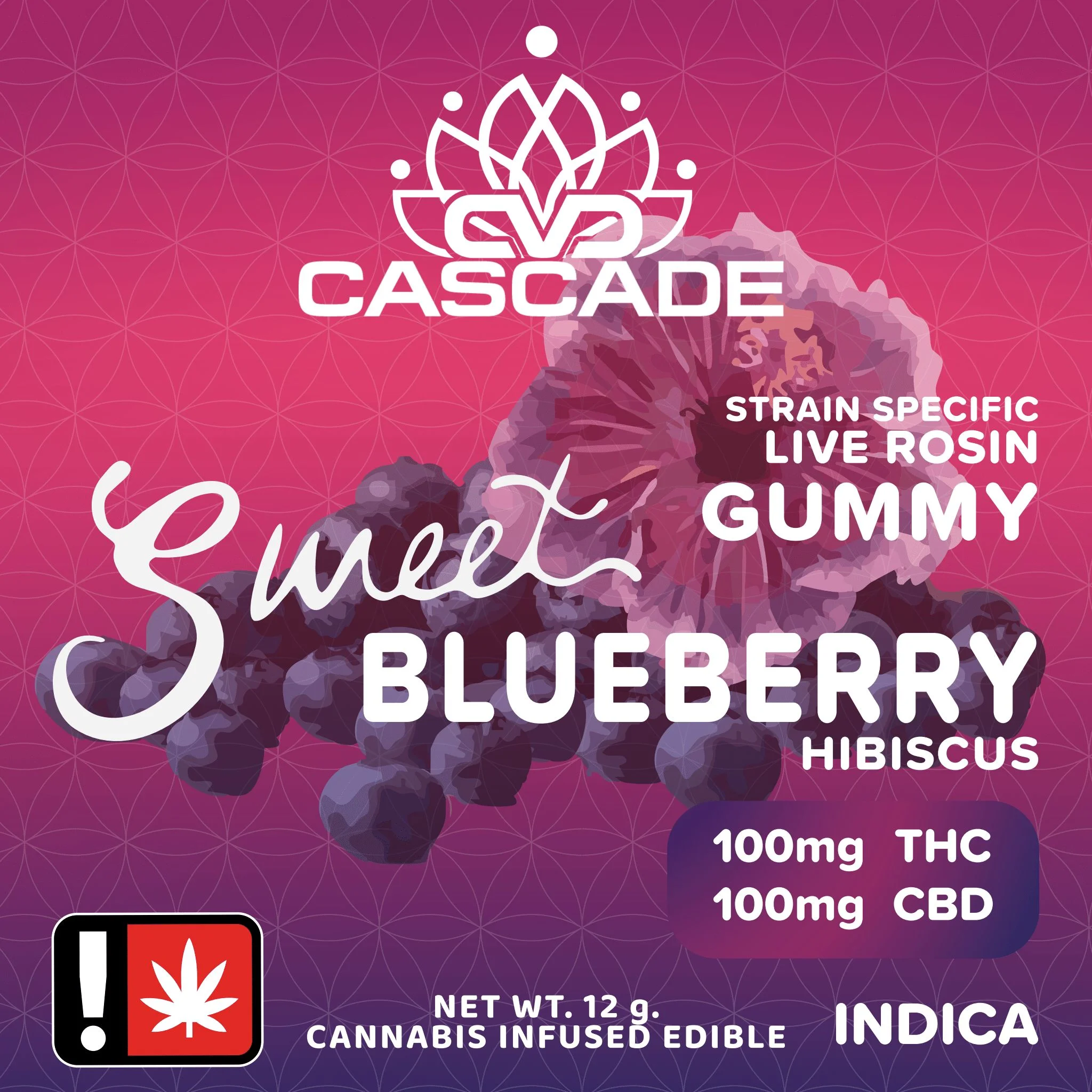 Sweet Blueberry Hibiscus Strain Specific Live Rosin Indica 100 mg THC 100 mg CBD 12 g Edible Gummy