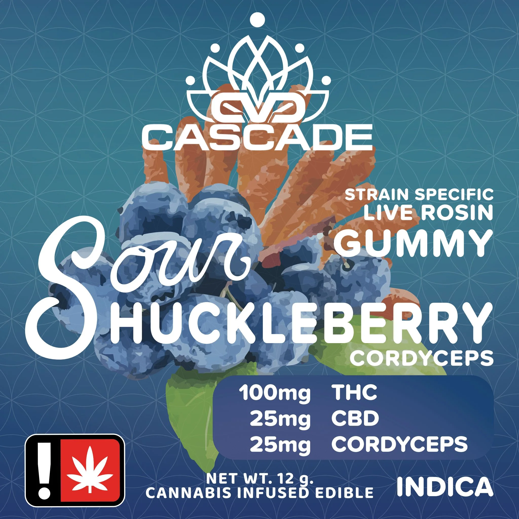 Sour Huckleberry Cordyceps Strain Specific Live Rosin Indica 100 mg THC 25 mg CBD 25 mg Cordyceps12 g Edible Gummy