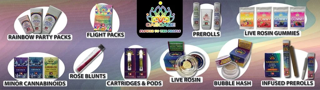 A banner displaying different product types: Rainbow Party Packs, Flight Packs, Prerolls, Live Rosin Gummies, Minor Cannabinoids, Rose Blunts, Cartridges & Pods, Live Rosin, Bubble Hash, and Infused Prerolls.