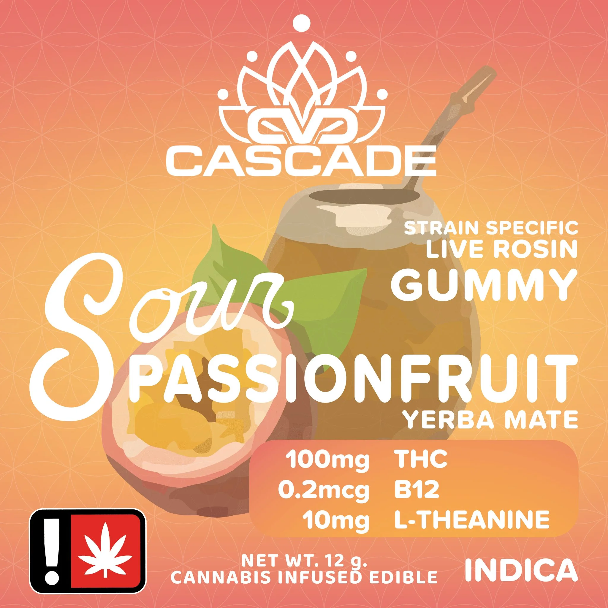 Sour Passionfruit Yerba Mate Strain Specific Live Rosin Indica 100 mg THC 0.2 mcg B12 10 mg L-Theanine12 g Edible Gummy