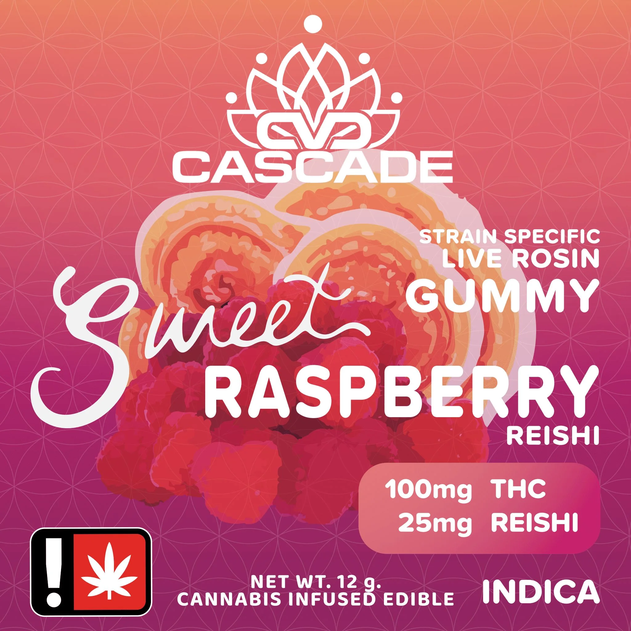 Sweet Raspberry Reishi Strain Specific Live Rosin Indica 100 mg THC 25 mg CBD 12 g Edible Gummy