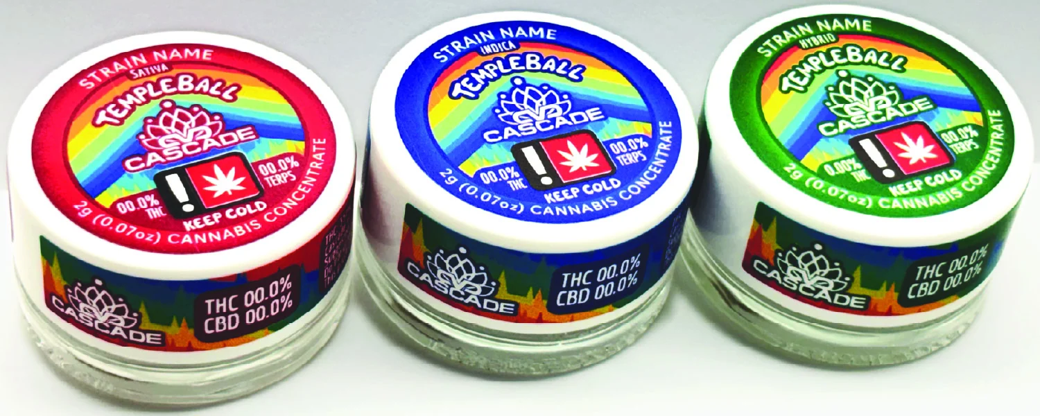 3 round glass temple ball containers. Their lids say Sativa, Indica, and Hybrid respectively.
