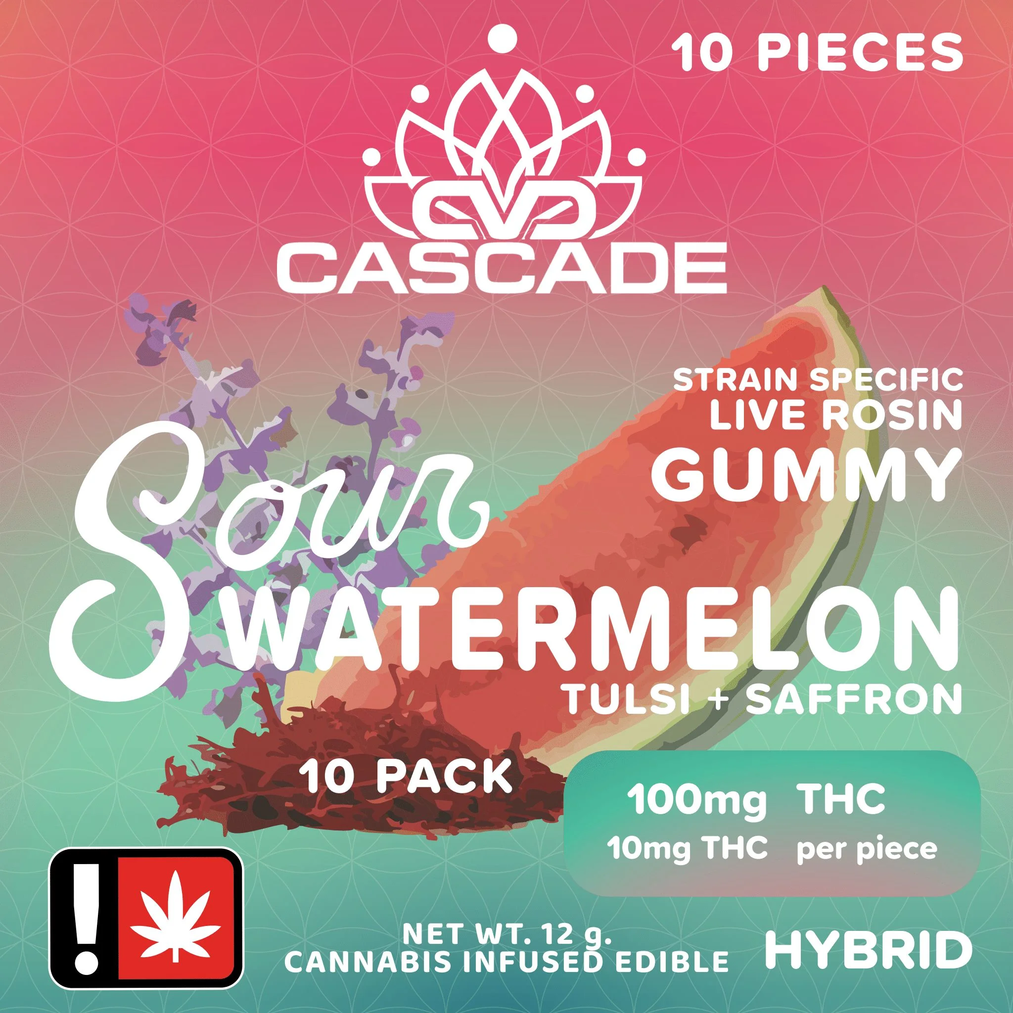 Sour Watermelon Tulsi and Saffron Strain Specific Live Rosin Hybrid 100 mg THC 10 mg THC per piece 10 pieces edible gummies